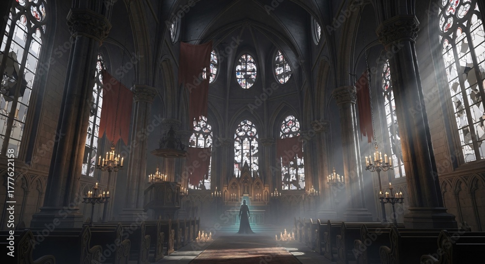 Obraz premium Gothic cathedral interior glowing with candles, eerie Halloween church atmosphere filled with mystery and fog.