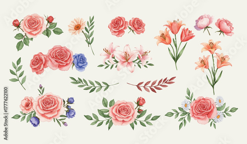 Hand-painted watercolor floral collection featuring roses, lilies, and botanical foliage. Ideal for wedding invitations, greeting cards, and decorative designs.