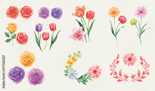 Watercolor Floral Collection Elegant Blooms of Roses, Tulips, and More in a Beautiful Arrangement
