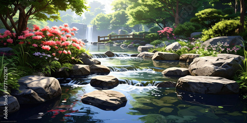 Tranquil Japanese Garden with Cascading Waterfall and Blooming Cherry Blossoms