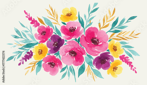 Elegant floral arrangement concept painted in watercolor style. A beautiful bouquet of vibrant pink, yellow, and purple flowers with lush leaves, isolated on a light background.
