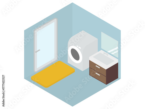 ドラム式洗濯機が置いてある脱衣所・洗面所のアイソメトリックイラスト