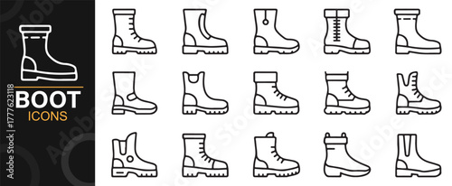 Minimal outline vector set of rugged boots and protective footwear