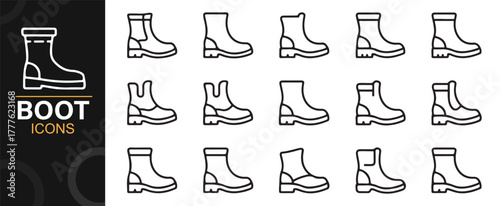 Hiking, army, and construction boot icons pack in line art vector format