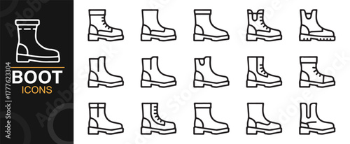 Collection of modern footwear and boot icons for fashion and work gear