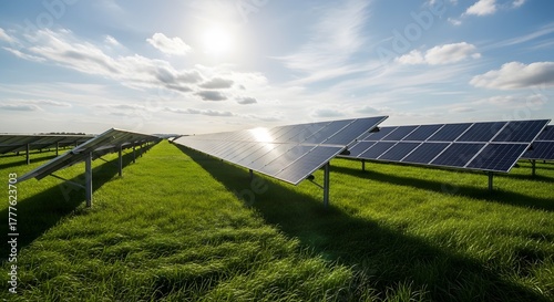 Close up Wide View of Solar Panel Farm Under Clear Sky with White Clouds in Daytime for Eco-Friendly Renewable Energy
