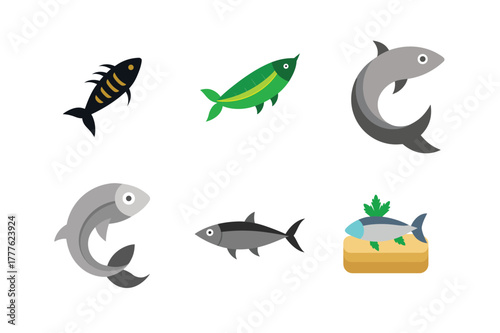 Six diverse cartoon fish illustrations on white background