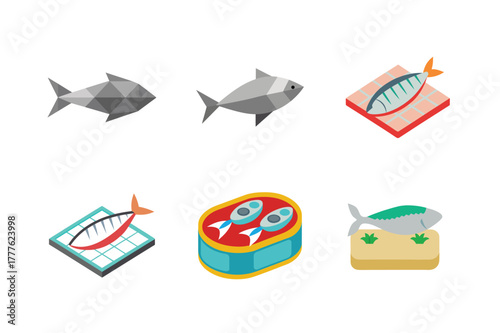 Collection of stylized fish and seafood illustrations