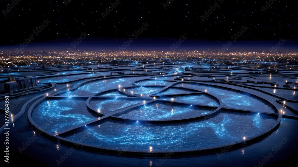Obraz premium Futuristic cityscape with illuminated waterways and digital networks at night