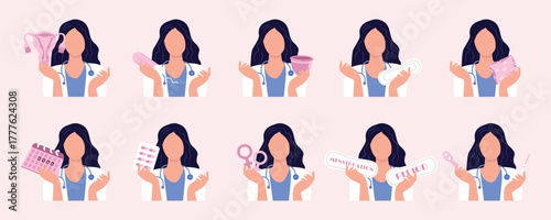 A Caucasian female gynecologist holding menstrual hygiene products — uterus, pads, tampons, menstrual cups, painkillers, and a menstrual calendar. Women's health, menstruation, and gynecology concept 