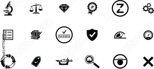 Collection of black and white icons representing quality control and assurance concepts