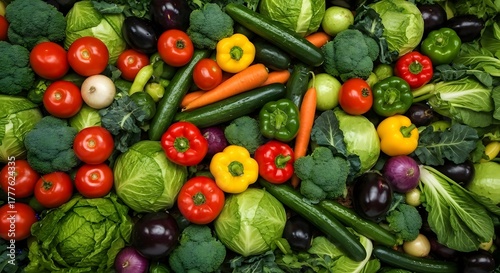 Photo from above of a collection of all the fresh colorful vegetables such as tomatoes, carrots, broccoli, and peppers arranged neatly on the table.