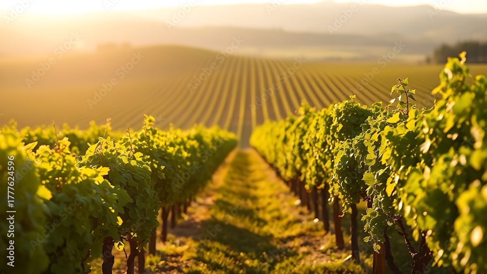 Fototapeta premium terroir. Vineyard rows stretching under natural sunlight, creating a serene and picturesque landscape. travel magazines, destination branding, designed for outdoor magazines and nature guides.
