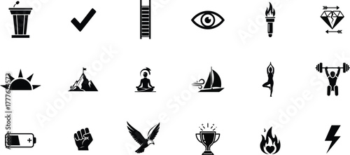 Collection of diverse icons representing success achievement goals and business concepts