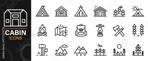 Modern outline icon set of cottages, campfires, and forest adventure symbols