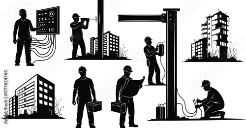 Silhouette vector illustration of construction workers using tools, handling cables, inspecting structures, operating equipment, teamwork, safety, engineering, repair, maintenance, and industry