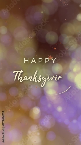 Happy Thanksgiving handwritten text animated over a glowing bokeh backdrop, perfect for holiday intros, family celebration, and social media posts.