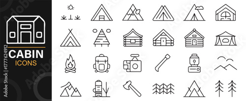 Minimal vector icons of cabins, tents, and camping equipment in line art style