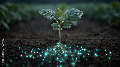 Young soybean plant thriving in fertile soil with glowing roots
