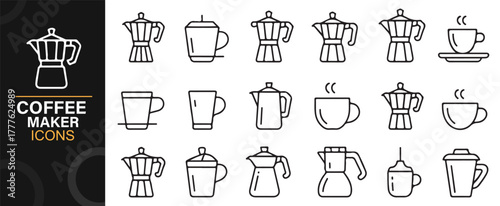 Vector icons set of coffee brewing tools, kettles, and beverage cups
