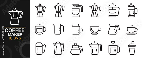 Modern minimal icons of espresso machines, mugs, and coffee kettles