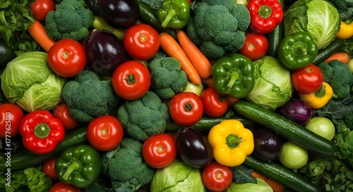 Close up photo of a collection of various types of fresh colorful vegetables such as cucumbers, onions, tomatoes, carrots, broccoli, eggplant and peppers neatly arranged on the table.