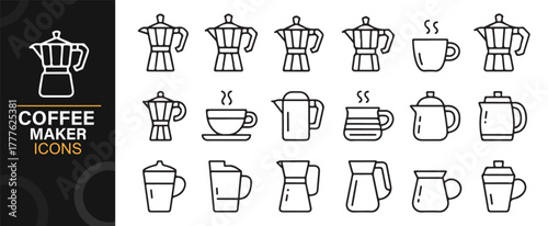 Vector pack of barista equipment, coffee makers, and hot beverage cups