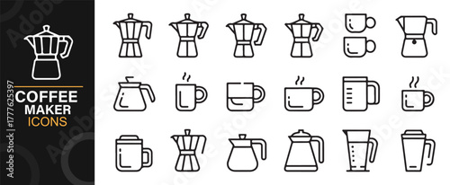Minimal outline icon set of café brewing tools, cups, and coffee pots