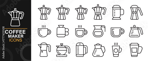 Modern vector icons of coffee makers, mugs, and espresso pots in line art style