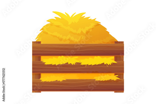 Wooden box with hay, straw. Straw pile in wood crate Golden yellow wheat, autumn dry grass bale, forage, fodder in storage container