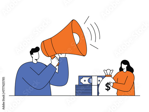 A man with a megaphone announces to a woman holding a bag of money and a stack of cash.