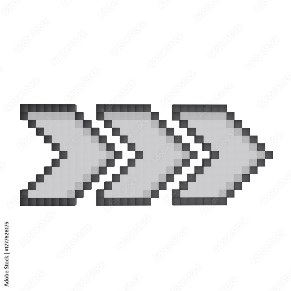 Fototapeta premium 3d render Pixel art style triple right arrows icon. Repetitive motion graphic element, or fast-forward symbol. Grey 3D block