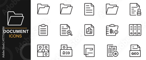 Outline icons of folders, reports, and binders for data organization and workflow