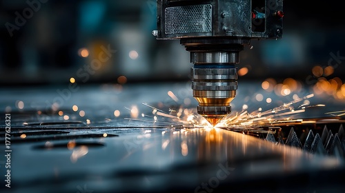 Ultra-detailed macro photo shows an industrial laser cutter's robotic arm carving titanium, creating a vibrant explosion of glowing, hot sparks.