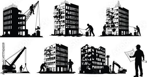 Silhouette vector illustration of construction workers with cranes, scaffolding, blueprints, demolition equipment, teamwork, safety, building process, engineering, repair, maintenance, and industry