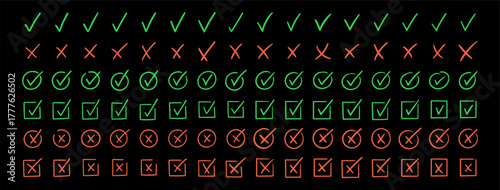 Hand drawn check and cross icons set in circle and square outline checklist marks vector illustration