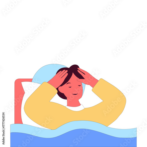 Person Resting in Bed Holding Head.  Representing Tiredness, Relaxation and Morning Routine