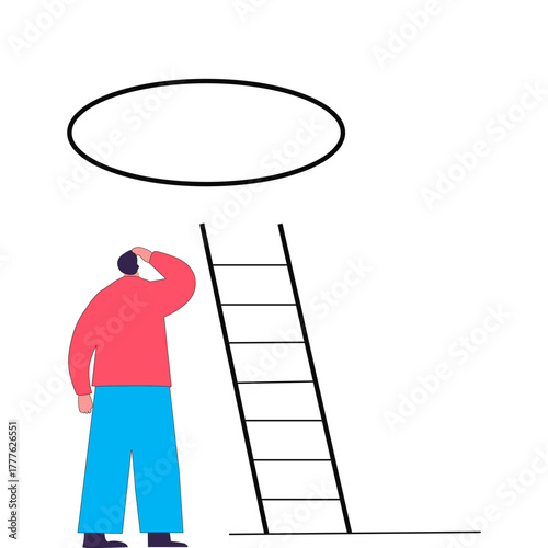 Person Looking at Ladder Leading to Goal. Symbolizing Ambition, Opportunity and Success in Minimal Flat Illustration