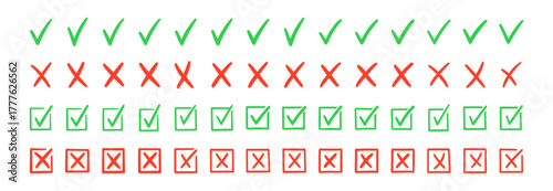 Green check and red cross icons set in simple square outline checklist marks vector illustration