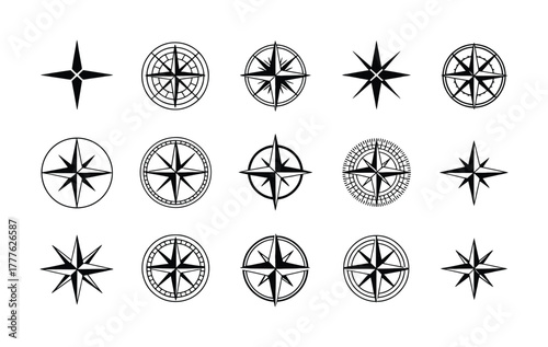 Collection of Black and White Compass Rose and Starburst Icons