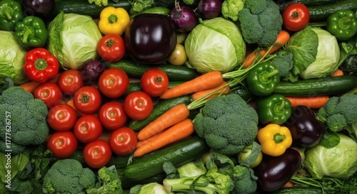 Close up photo of a collection of various types of fresh colorful vegetables such as cucumbers, onions, tomatoes, carrots, broccoli, eggplant and peppers neatly arranged on the table.