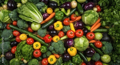 Close up photo of a collection of various types of fresh colorful vegetables such as cucumbers, onions, tomatoes, carrots, broccoli, eggplant and peppers neatly arranged on the table.