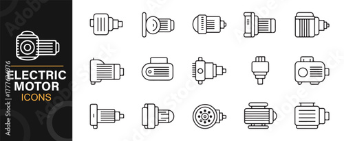 Outline icons of electric motors, gear drives, and automation machinery