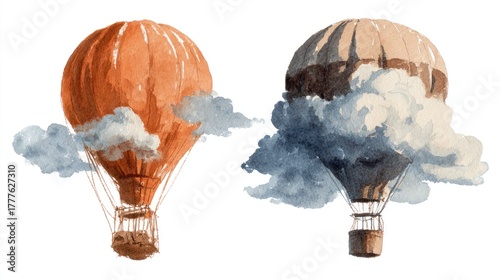 Watercolor hot air balloons floating among clouds illustration design