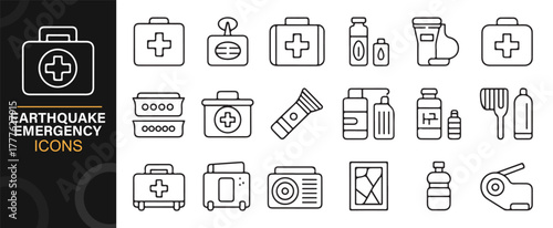 Minimal line art icons of earthquake emergency and survival equipment collection