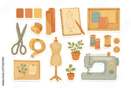 Fashion Design Stickers. Fashion design collection. Realistic hand-painted watercolor style sticker sheet of