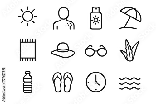 Sunburn Essentials Icons. Getting a sunburn. Line outline icon set of getting a sunburn: sun, person,