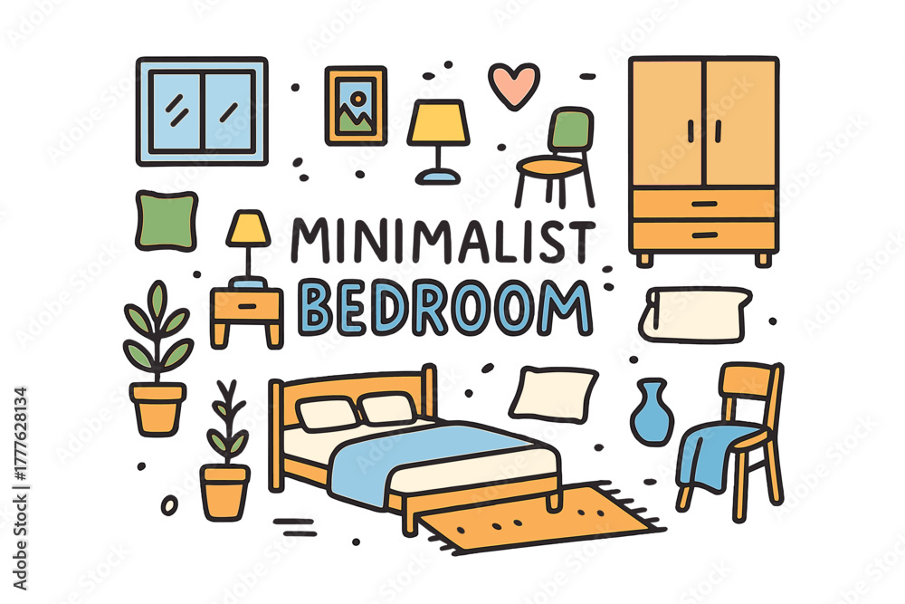 Fototapeta premium Minimalist Bedroom Doodle. Minimalist Bedroom. Hand-drawn doodle illustration of minimalist bedroom. Bed,