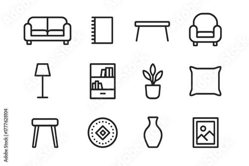 Home Furnishings Icons. Home furnishings. Line outline icon set of home furnishings: sofa, rug, coffee table,