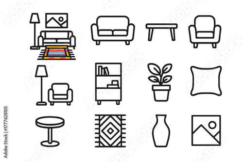 Living Room Icons. Colorful rug in living room. Line outline icon set of a colorful rug placed in the center